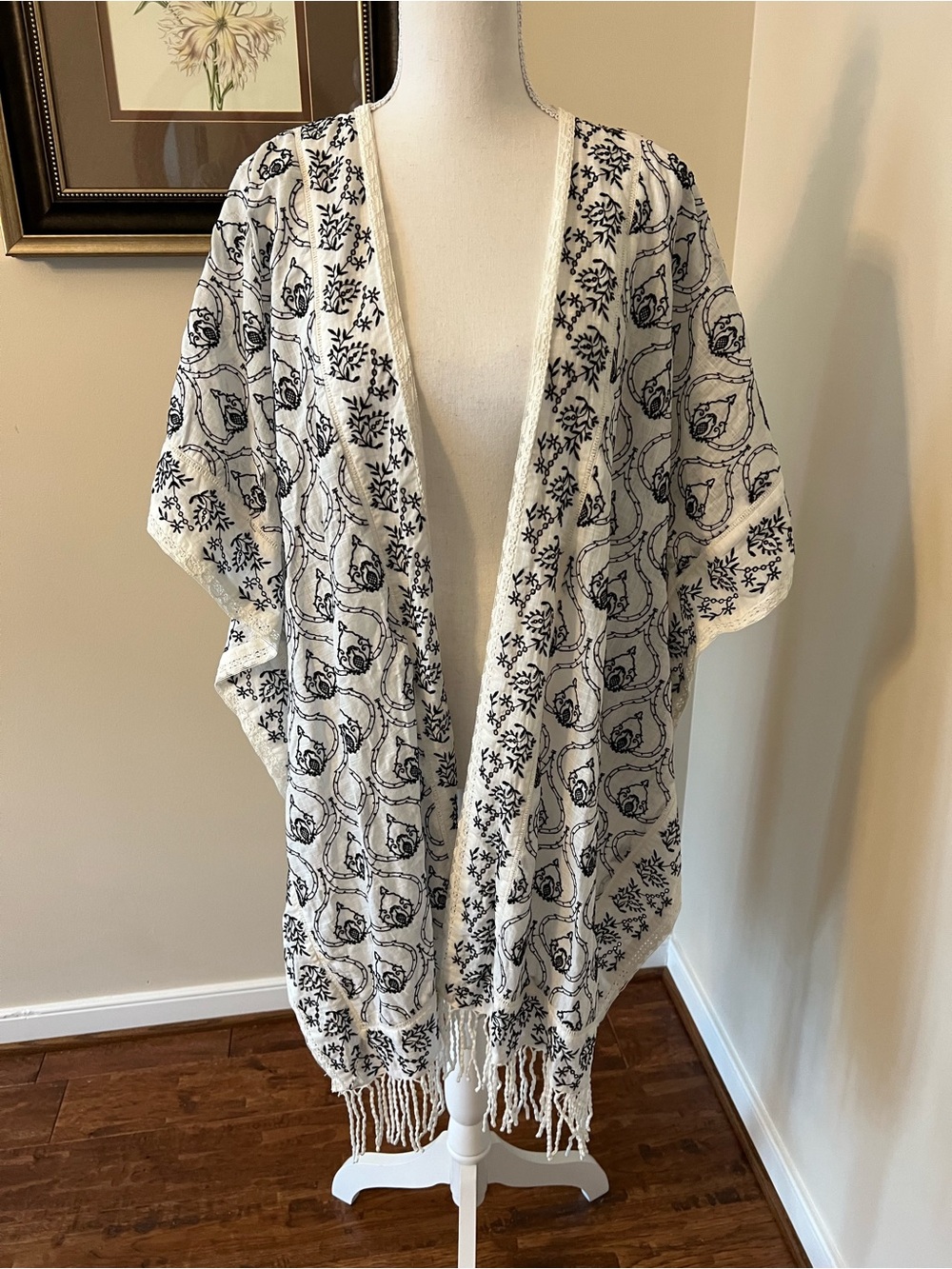 Anthropologie Black & White Fringe Kimono or Cover-Up. Beautiful!